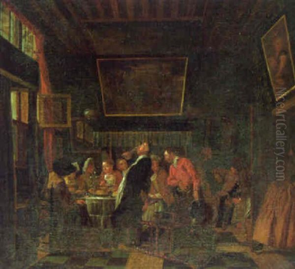 An Interior With A Company Eating A Meal Entertained By Musicians Oil Painting by Jan Josef Horemans the Elder