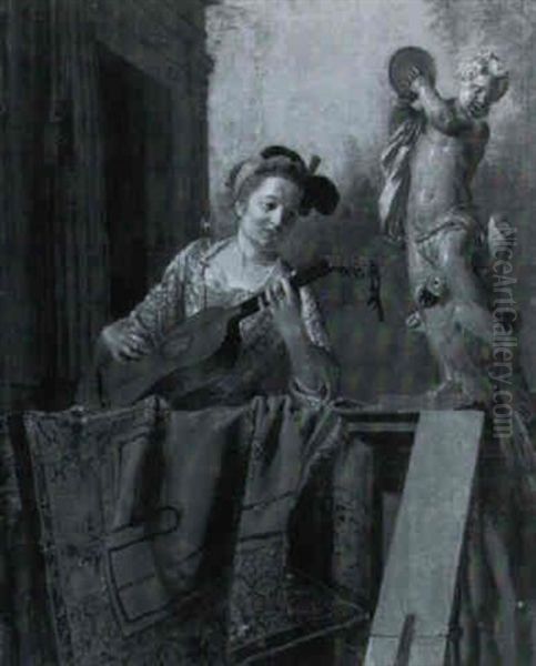 La Guitariste Et Le Perroquet Oil Painting by Jan Josef Horemans the Elder