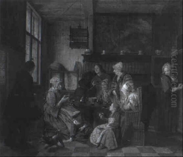 Family Having Tea In A Kitchen Oil Painting by Jan Josef Horemans the Elder