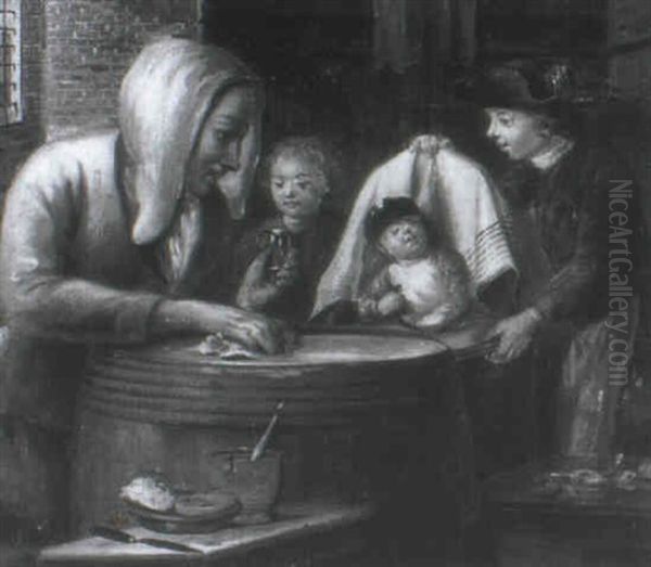 A Mother And Children Feeding A Baby Oil Painting by Jan Josef Horemans the Elder