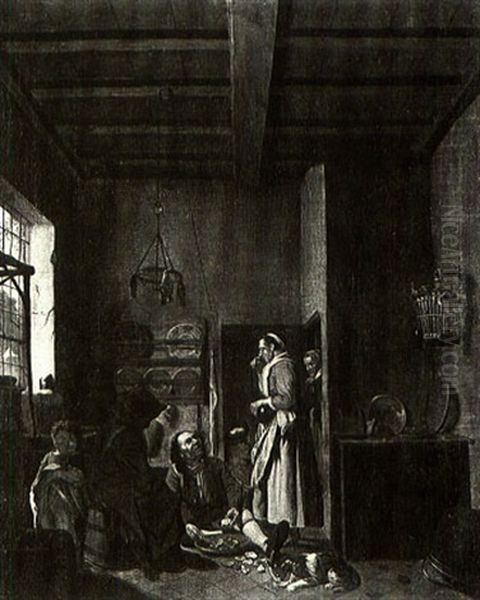 Servants Eating Oysters In A Kitchen Oil Painting by Jan Josef Horemans the Elder