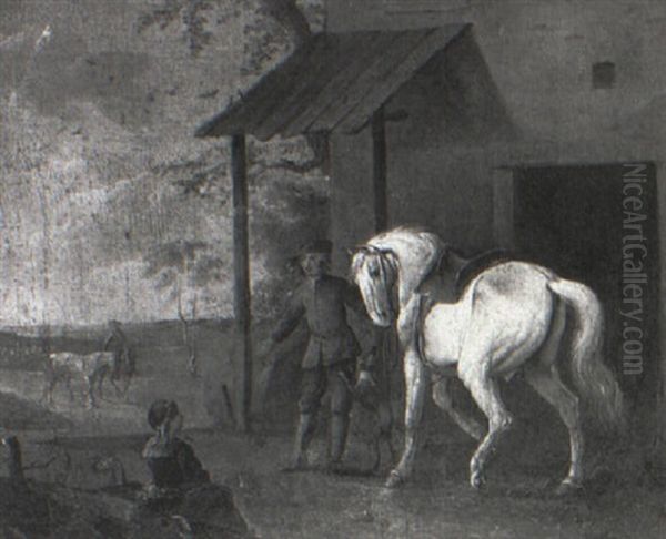 A Groom With A Grey Outside A Stable Oil Painting by Jan Josef Horemans the Elder