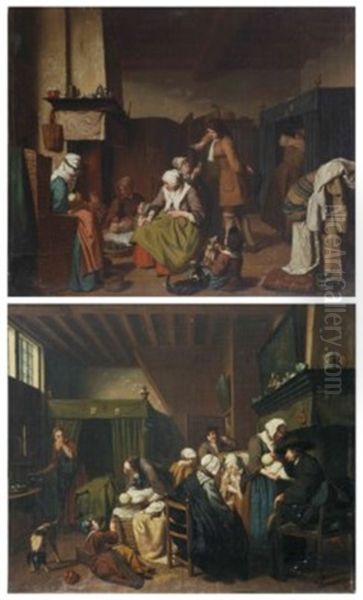 An Interior With Midwives Nursing Twins And Figures Drinking; And An Interior With Figures Visiting A Mother And Her Two Newborns Oil Painting by Jan Josef Horemans the Younger