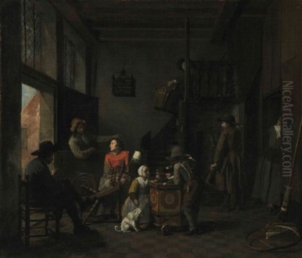 An Interior With A Woman At Her Spinning Wheel, A Child With A Rattle, And Other Figures Oil Painting by Jan Josef Horemans the Younger