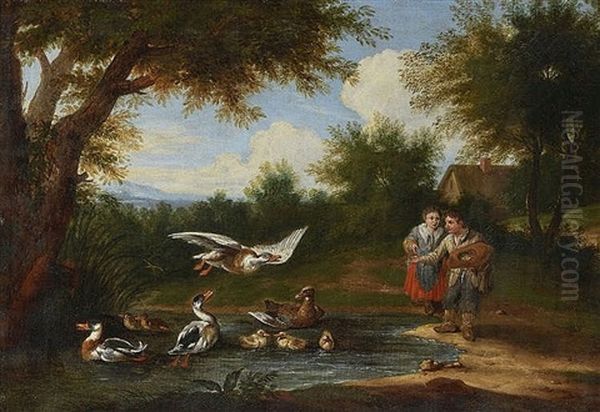 Kinder Beim Entenfuttern Oil Painting by Jan Josef Horemans the Younger