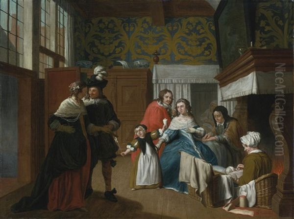 A Sick Woman With Her Family And Attendants In An Interior Oil Painting by Jan Josef Horemans the Younger