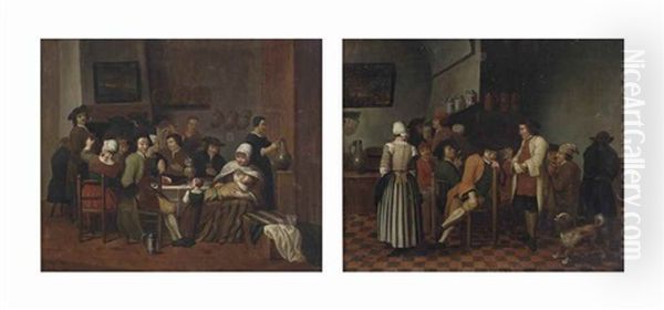 A Merry Company Conversing, Seated At A Laid Table With A Woman Nursing A Baby; And A Merry Company Conversing And Drinking In An Interior Oil Painting by Jan Josef Horemans the Younger