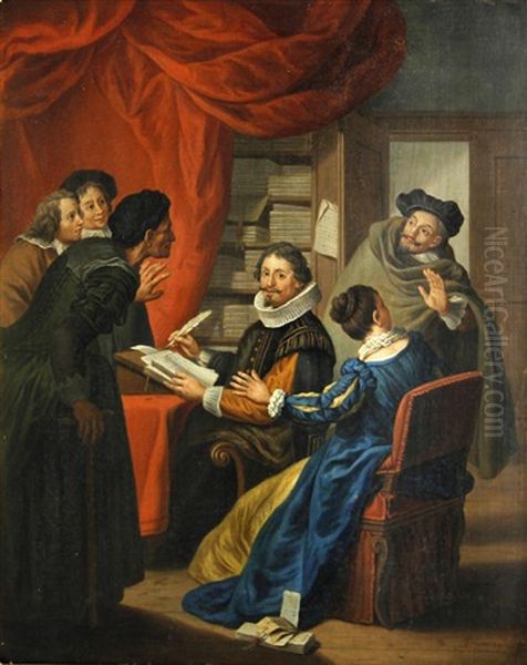 At The Lawyer's Office; A Consultation Oil Painting by Jan Josef Horemans the Younger