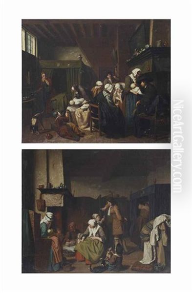 An Interior With Midwifes Nursing Twins And Figures Drinking; And An Interior With Figures Visiting A Mother And Her Two Newborns Oil Painting by Jan Josef Horemans the Younger