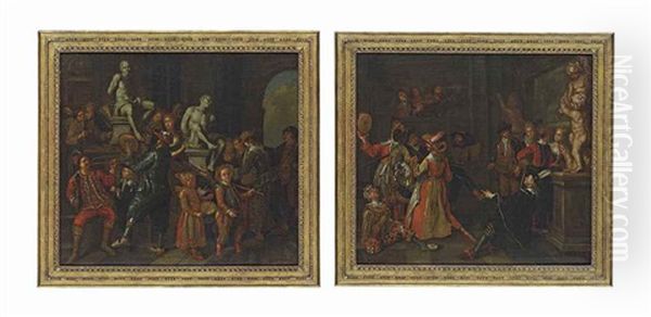 A Masque In A Sculpture Gallery With Revellers Playing A Trumpet, A Tambourine And A Drum; And A Masque In Sculpture Gallery With Revellers Playing A Tambourine And A Hurdy-gurdy (pair) Oil Painting by Jan Josef Horemans the Younger