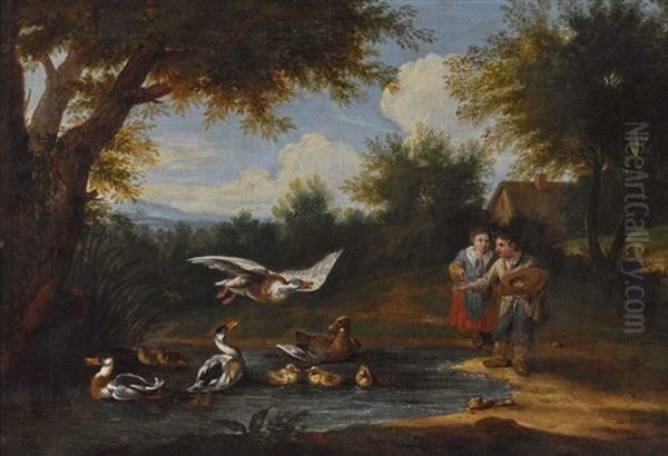 Kinder Beim Entenfuttern Oil Painting by Jan Josef Horemans the Younger