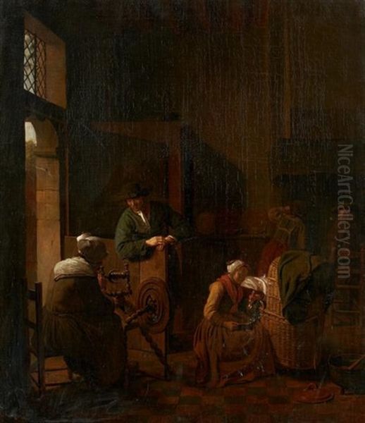 Interieur A La Fileuse Oil Painting by Jan Josef Horemans the Younger