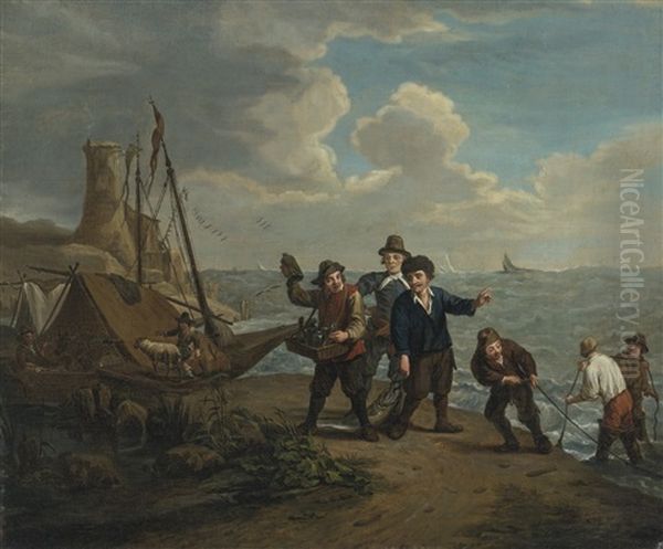 A Peddler Hawking Spirits To Fishermen Along A Windy Shoreline Oil Painting by Jan Josef Horemans the Younger