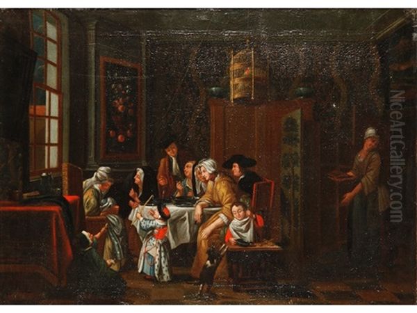 An Interior Scene Of A Family Around A Table Oil Painting by Jan Josef Horemans the Younger