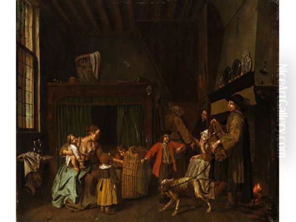 Genreszene In Burgerlichem Interieur Mit Einem Leierkastenspieler Oil Painting by Jan Josef Horemans the Younger