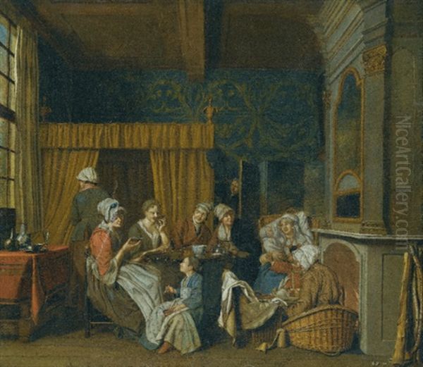 A Family Taking Tea While Celebrating The Birth Of Twins Oil Painting by Jan Josef Horemans the Younger