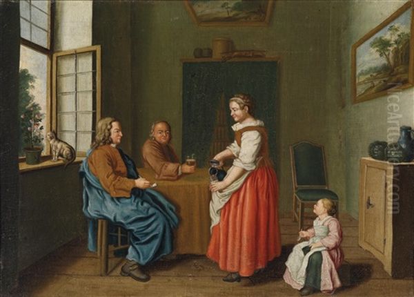 Interieur Mit Zwei Mannern Am Tisch Und Einer Magd, Die Sie Bedient Oil Painting by Jan Josef Horemans the Younger