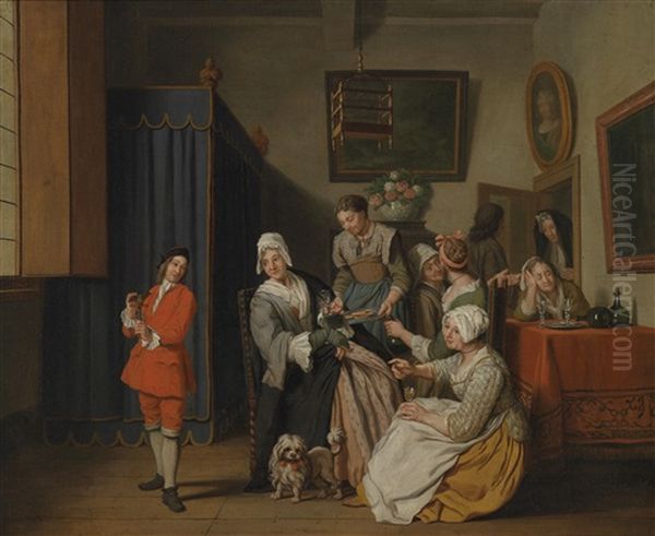 Burgerliches Interieur Mit Zahlreichen Frauen Und Einem Jungen Mann Mit Einem Vogel Oil Painting by Jan Josef Horemans the Younger