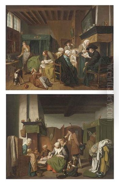 Admiring The Newborn Twins In An Interior (+ Another; Pair) Oil Painting by Jan Josef Horemans the Younger