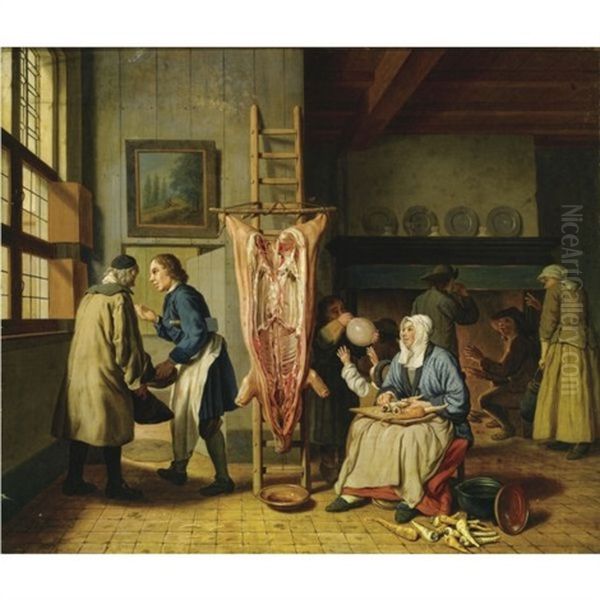 Interior Of A Butcher's Home, With A Slaughtered Pig, A Woman Cleaning Carrots, A Little Boy Blowing On The Bladder, And Figures Near A Fireplace Oil Painting by Jan Josef Horemans the Younger