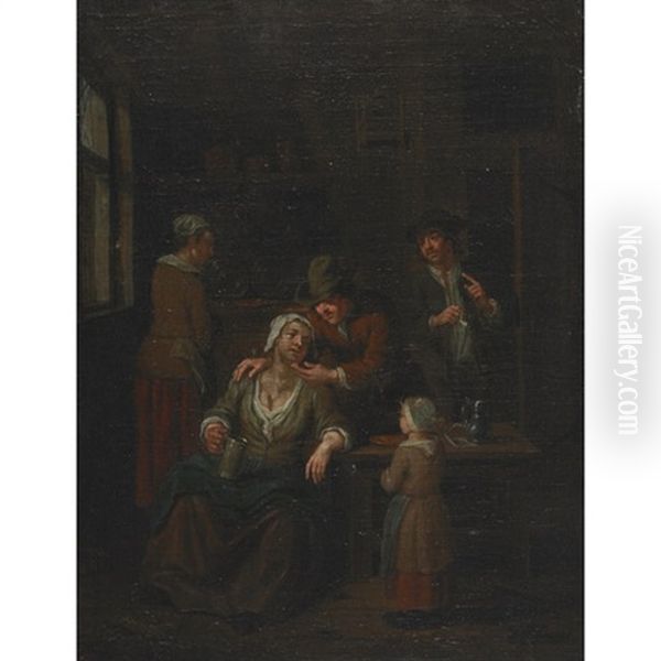 Interior Of A Kitchen With A Peasant Family Oil Painting by Jan Josef Horemans the Younger