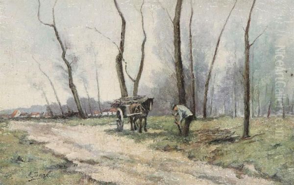 Man Gathering Wood Near A Country Road Oil Painting by Albert Baro