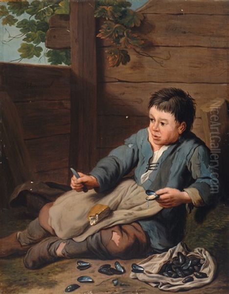 Young Boy Eating Mussels Oil Painting by Jan Josef Horemans the Younger