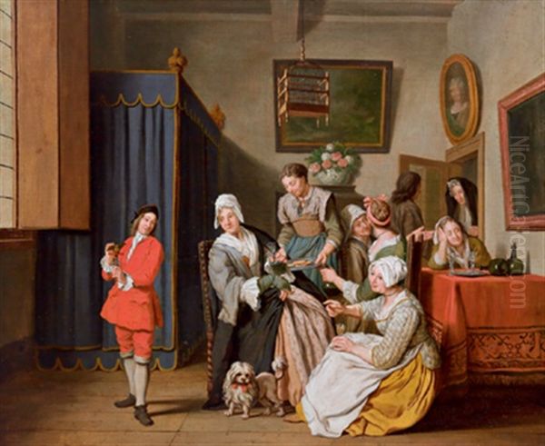 Burgerliches Interieur Mit Zahlreichen Frauen Und Einem Jungling Mit Einem Vogel Oil Painting by Jan Josef Horemans the Younger