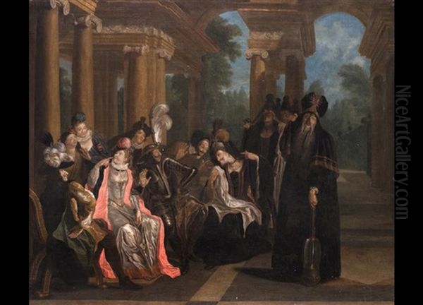 Hofische Gesellschaft In Einer Loggia Bei Merkwurdiger Begegnung Oil Painting by Jan Josef Horemans the Younger