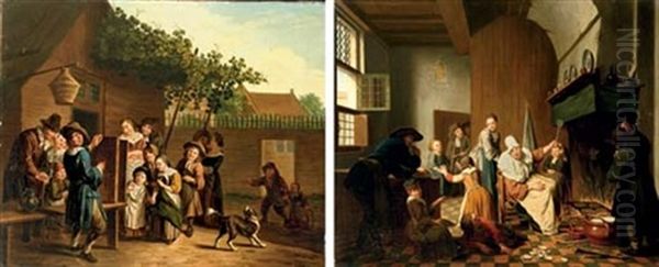 A Village Scene With A Puppeteer (+ A Domestic Interior With A Boy Being Scolded For Breaking A Plate; Pair) Oil Painting by Jan Josef Horemans the Younger