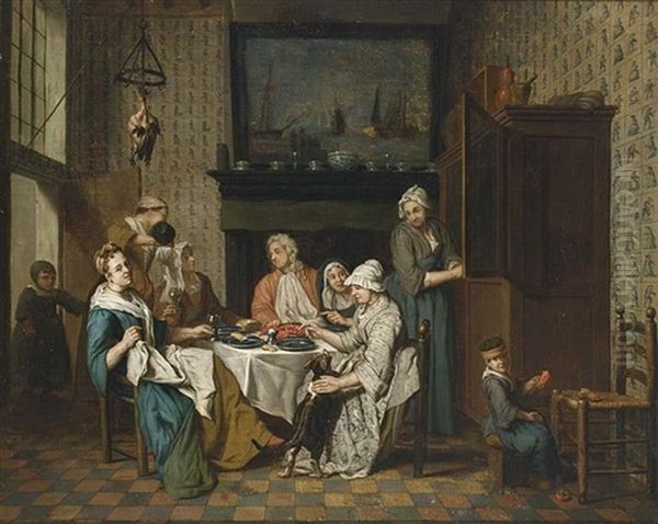 An Interior With An Elegant Company Dining, A Child Playing In The Right Foreground Oil Painting by Jan Josef Horemans the Younger