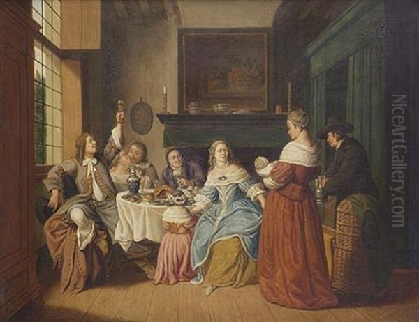 An Elegant Company Eating And Drinking In An Interior Oil Painting by Jan Josef Horemans the Younger