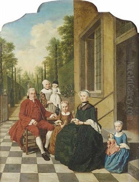 A Group Portrait Of A Gentleman And His Wife With Their Two Daughters And A Maid Holding An Infant In A Courtyard, A View To An Avenue Of Trees Beyond Oil Painting by Jan Josef Horemans the Younger