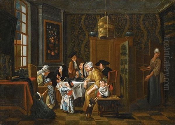 An Interior Scene With A Family Seated Around A Table Oil Painting by Jan Josef Horemans the Younger