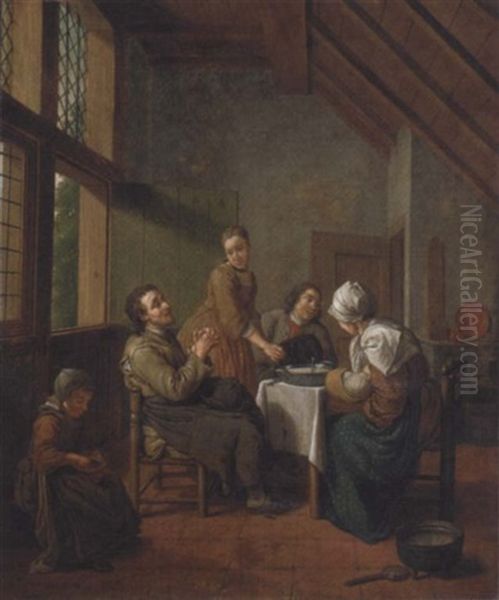 A Kitchen Interior With A Family At A Meal Oil Painting by Jan Josef Horemans the Younger