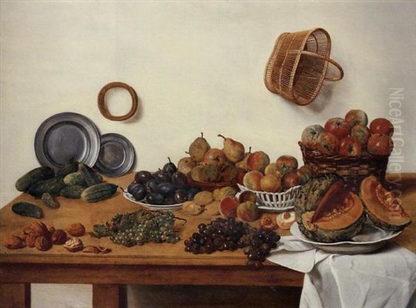 A Sliced Melon, Apples, Pears, Plums, Gherkins By Two Pewter Plates, With Nuts And Black And White Grapes By A White Cloth On A Table With A Wicker Basket Hanging From A Wall Oil Painting by Jan Josef Horemans the Younger