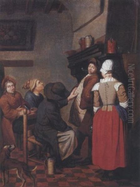 Company Smoking And Conversing In A Kitchen Oil Painting by Jan Josef Horemans the Younger