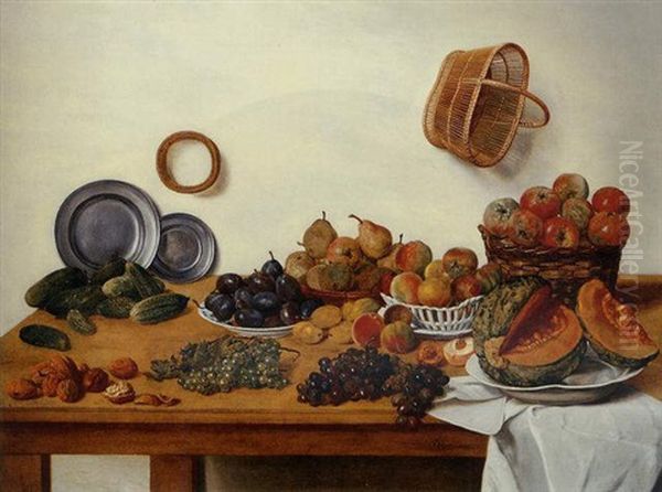 A Sliced Melon, Apples, Pears, Plums, Gherkins By Two Pewter Plates, Nuts And Black And White Grapes By A White Cloth On A Table With A Wicker Basket Hanging From A Wall Oil Painting by Jan Josef Horemans the Younger