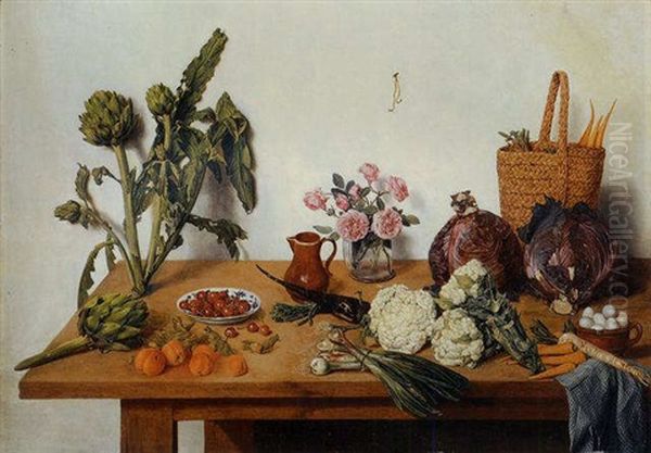 Cauliflower, Onion, Peaches, Cherries, Artichokes, Roses In A Glass Vase, A Jug, A Basket With Carrots, Cabbages And Eggs With A Blue Cloth On A Table Oil Painting by Jan Josef Horemans the Younger