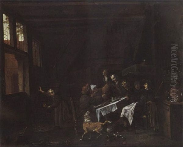 A Kitchen Interor With Figures Brawling At A Table Together With A Dog Oil Painting by Jan Josef Horemans the Younger