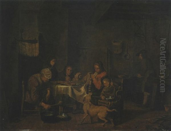 A Family Eating And Drinking In An Interior Oil Painting by Jan Josef Horemans the Younger