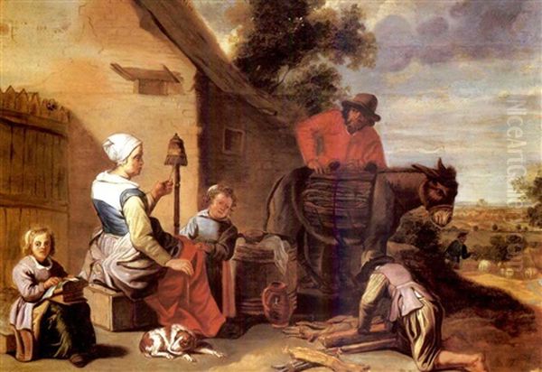 A Peasant Family At Work Outside Their Cottage, A Landscape Beyond Oil Painting by Jan Josef Horemans the Younger