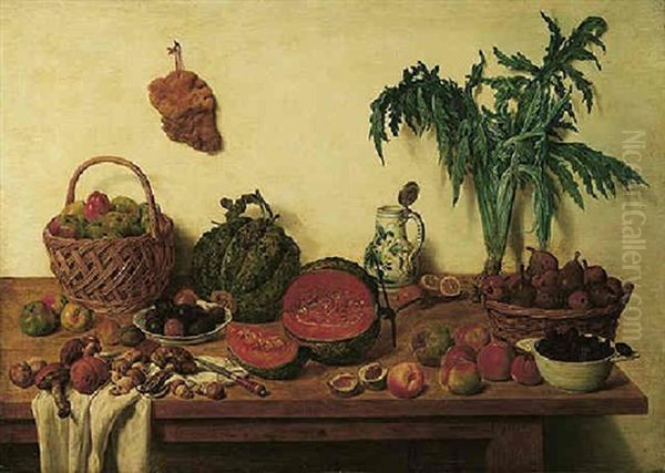 A Kitchen Still Life With Apples And Pears In Baskets, Plums, Blackberries, Melons, Mushrooms, Peaches, Celery And Objects On A Wooden Table Oil Painting by Jan Josef Horemans the Younger