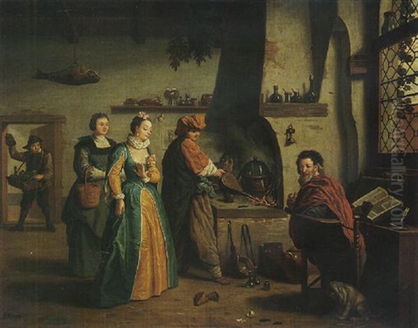 An Elegant Lady Visiting An Alchemist Oil Painting by Jan Josef Horemans the Younger