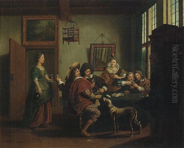 An Interior With Elegant Figures Playing Cards Oil Painting by Jan Josef Horemans the Younger