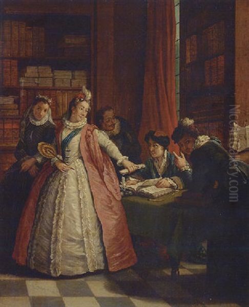 Elegant Ladies At A Lawers Office Oil Painting by Jan Josef Horemans the Younger