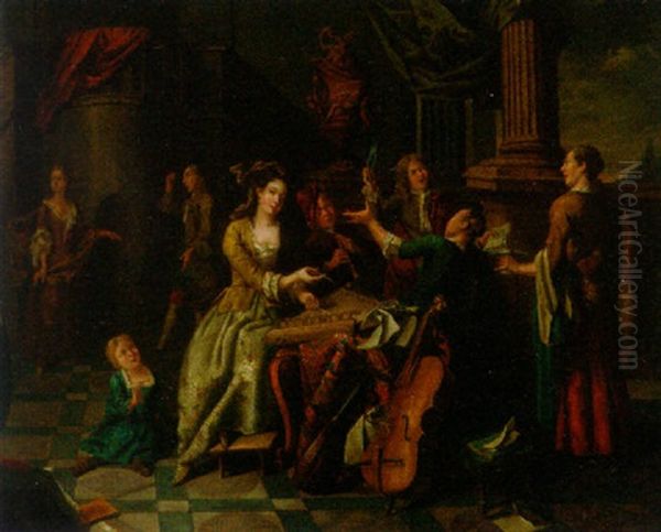 Elegant Company Making Music At A Table On A Terrace Oil Painting by Jan Josef Horemans the Younger