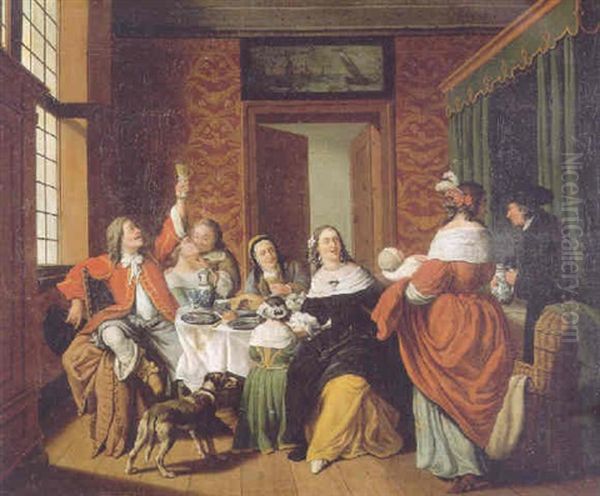 An Elegant Family Dining In An Interior Oil Painting by Jan Josef Horemans the Younger