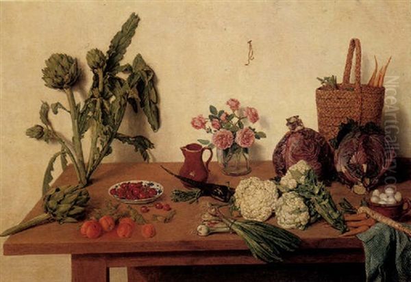 A Kitchen Still Life With Various Vegetables, Roses In A Glass Vase, Cherries In A Porcelain Bowl, All On A Wooden Table Oil Painting by Jan Josef Horemans the Younger