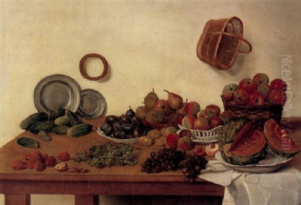 A Kitchen Still Life With Various Fruits And Baskets And On Porcelain Plates, Two Pewter Plates, Nuts And Other Objects, All On A Wooden Table Oil Painting by Jan Josef Horemans the Younger